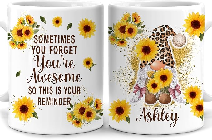 Hyturtle Personalized Gnome Mug Gifts For Gnome Lover, Thank You Gift Ideas | Cool Birthday Gifts For Women - Motivational Sunflower Custom Name 11oz White Ceramic Coffee Tea Mug, Comfort grip handle by Hyturtle