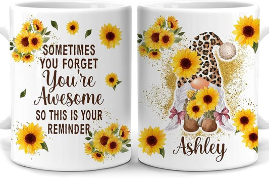 Hyturtle Personalized Gnome Mug Gifts For Gnome Lover, Thank You Gift Ideas | Cool Birthday Gifts For Women - Motivational Sunflower Custom Name 11oz White Ceramic Coffee Tea Mug, Comfort grip handle by Hyturtle