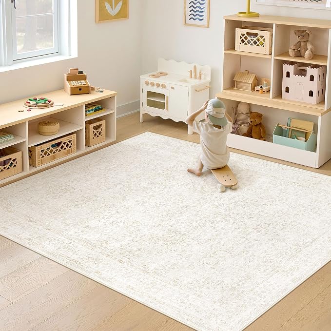 6x9 Area Rugs for Living Room: Washable Vintage Floral Rug Low Pile Non-Slip Boho Carpet for Bedroom Nursery Dining Room (Floral Beige, 6'x9') - Image 5