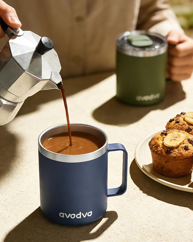 2 Pack 12oz Insulated Coffee Mug with Lids – Double Wall Stainless Steel Travel Cups with Handle, Keep Hot & Cold Drinks, Ideal Gift for Coffee Lovers, Home, Office & Camping, Navy Blue - Image 9