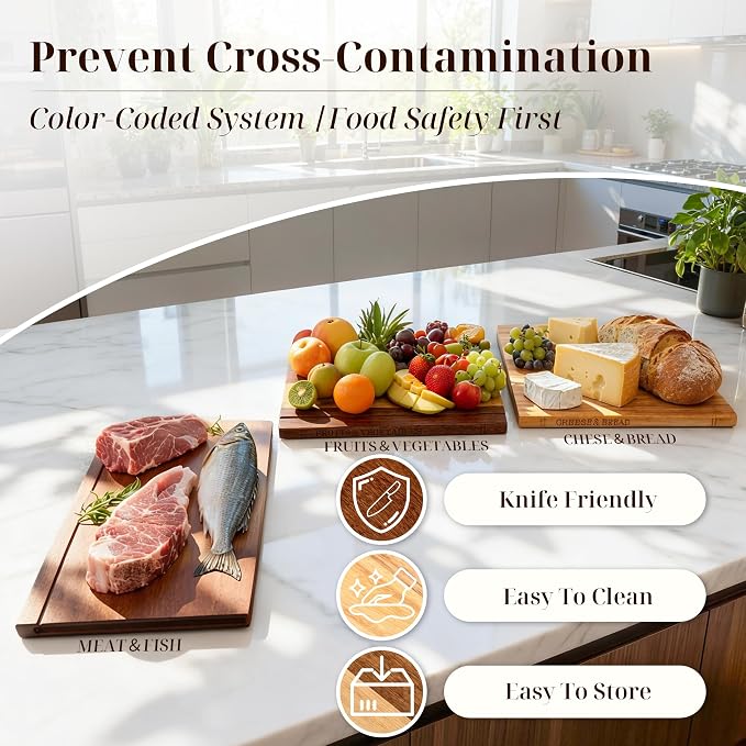 Book Cutting Board Set with Wooden Stand for Home Cooks | 3 Labeled Boards for Fruits Veggies,Meat Fish,Bread Cheese Organized Prep,No Cross Contamination - Image 3