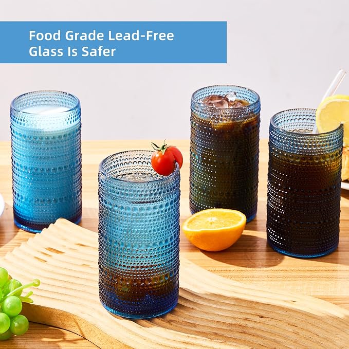 16oz Hobnail Drinking Glasses, Set of 6 Blue Tumblers | Vintage embossed large capacity highball glasses for water, cocktail, beer, whiskey, juice and bar use - Image 3