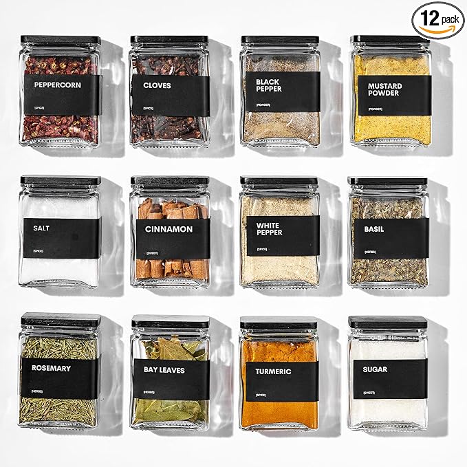 Glass Spice Jars with Bamboo Lid, 4oz Square Spice Containers for Pantry Organization, Seasoning Bottles with Labels, Spoons, Funnel for Salt Sugar by Unknown