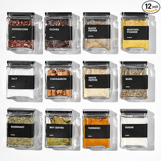 Glass Spice Jars with Bamboo Lid, 4oz Square Spice Containers for Pantry Organization, Seasoning Bottles with Labels, Spoons, Funnel for Salt Sugar by Unknown