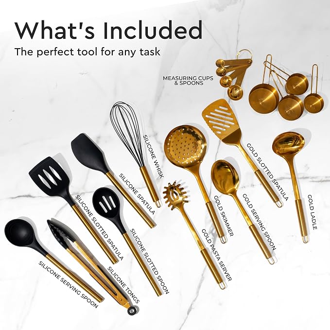 Black and Gold Kitchen Utensils Set - 19-PC Set Includes Stainless Steel and Silicone Cooking Utensils, Measuring Cups and Spoons - Black and Gold Kitchen Accessories for Stylish Cooking & Serving | Silicone Cooking Utensils, Measuring Cups and Spoons ... - Image 2