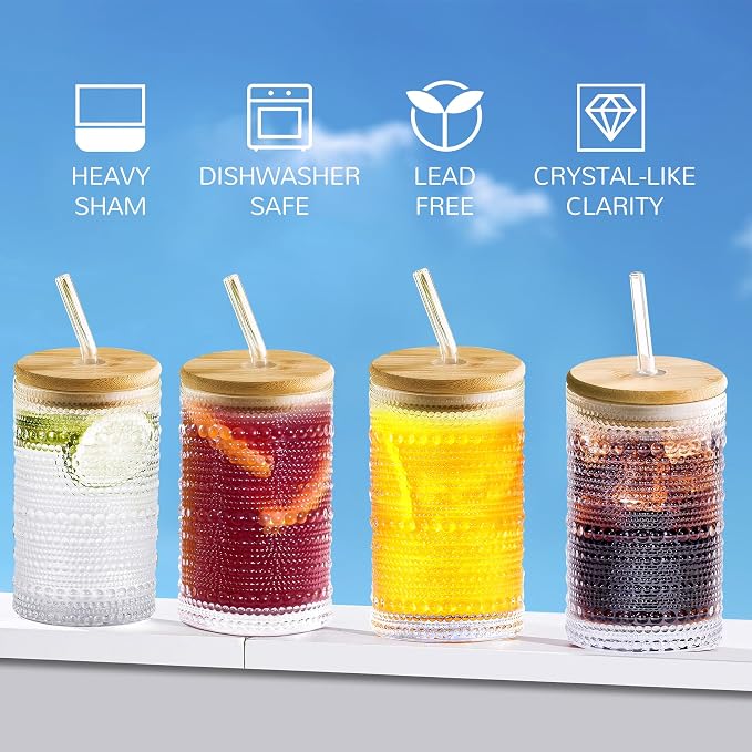 Hobnail Drinking Glasses with Bamboo Lids and Glass Straw 4Pcs Set - 14oz Vintage Glass Cups, Water Glasses, Iced Coffee Glasses, Cute Tumbler Cup, Ideal for Cocktail, Whiskey, Gift - Cleaning Brushes - Image 2