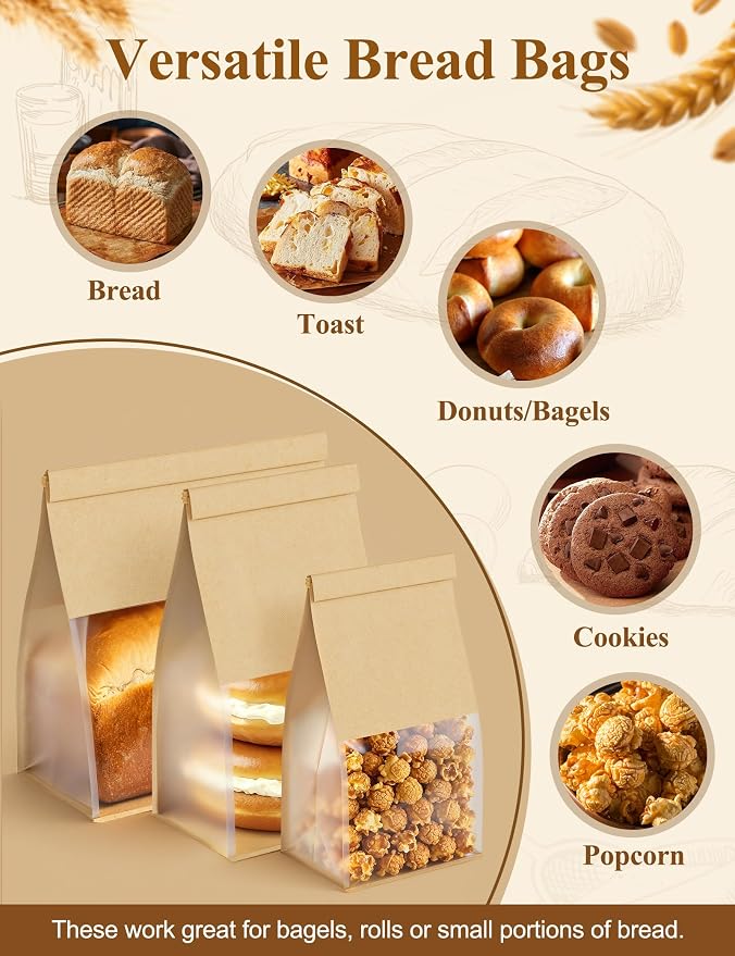 FireKylin Bread Cookie Bags with Window & Tin Tie,3.9x3.1x8.2 (100,Small) | Food Safe Brown Paper, Clear Window, Reusable Tin Tie, for Homemade Bread, Cookies, Muffins, Pastry, Candy, Party Favor - Image 4