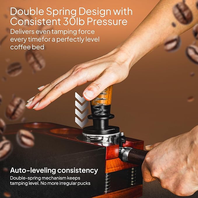 53.3mm Calibrated Espresso Tamper - 30lb Spring Loaded Auto-Leveling Coffee Tamper with Walnut Handle & Ripple Stainless Steel Base - Fits 54mm Breville Portafilter Machines
