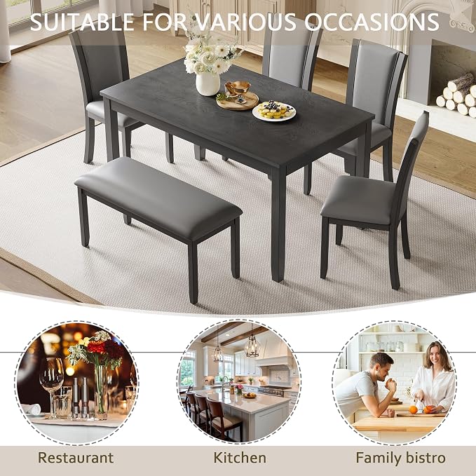 6-Piece Dining Table Set with Bench and Chairs - Solid Wood Kitchen Dining Room Table Set in Farmhouse Rustic Style, Table Set for 6 with 4 Chairs and Bench Seat.(Dark Gray_Large) - Image 7