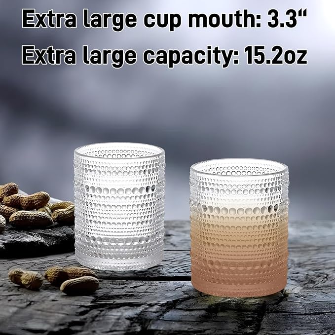 Set of 4 Hobnail Drinking Glasses,15.2 Oz Romantic Water Glasses, Clear Embossed Design Vintage Glassware, Cocktail Glasses, Beaded Drinking Glasses for Water, Beer, Juice(15oz+4") - Image 3