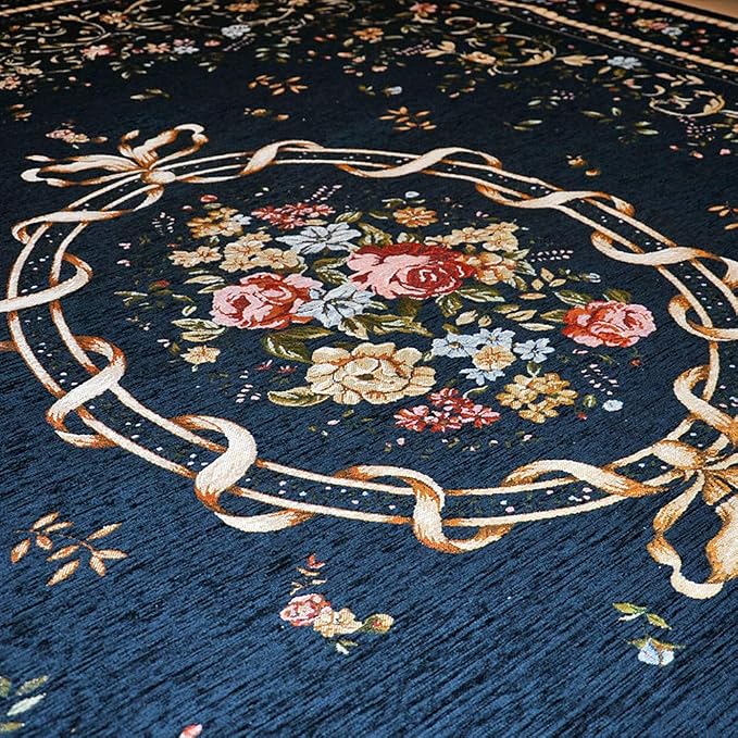 Luxury Rustic Floral Door Mat Washable Elegant Shabby Rose Rug Non Slip Accent Floor Rugs for Entry Way, 2'7'' x 4', Navy Blue - Image 4