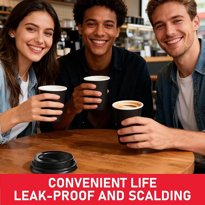 12 oz Paper Coffee Cups with Lids 100 Pack, Black Disposable Hot Coffee Cups with Lids, To Go Cups, for Parties, Picnic, Travel, and Events - Image 3