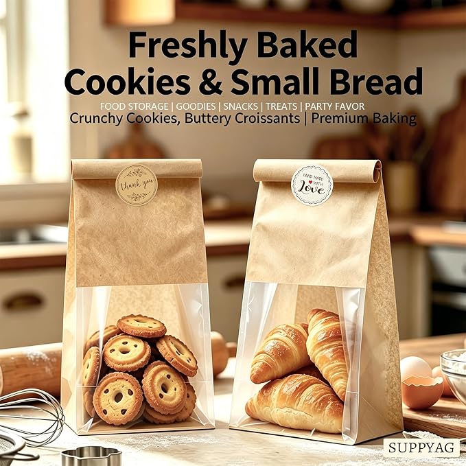 Cookie Bakery Bags with Window Small Bread Baked Goods Packaging Tin Tie Tab Closure & Cute Sticker for Candies, Treats, Snack - Brown Kraft Paper 20 Pcs 11x5.1x3.9 Inch - Image 4