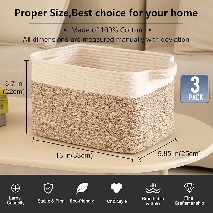 OIAHOMY 3 Pack Storage Baskets for Organizing, 13''X9.85''X8.7'' Storage Bins,Woven Basket with Handles, Toy Storage Bin,Stylish Room Decor Basket, white & Brown variegated - Image 3