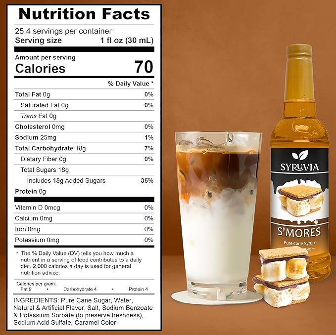 Syruvia Coffee Syrup, S'mores Flavored Syrup for Drinks, Lattes, and Desserts – 25.4 fl oz, With Pump