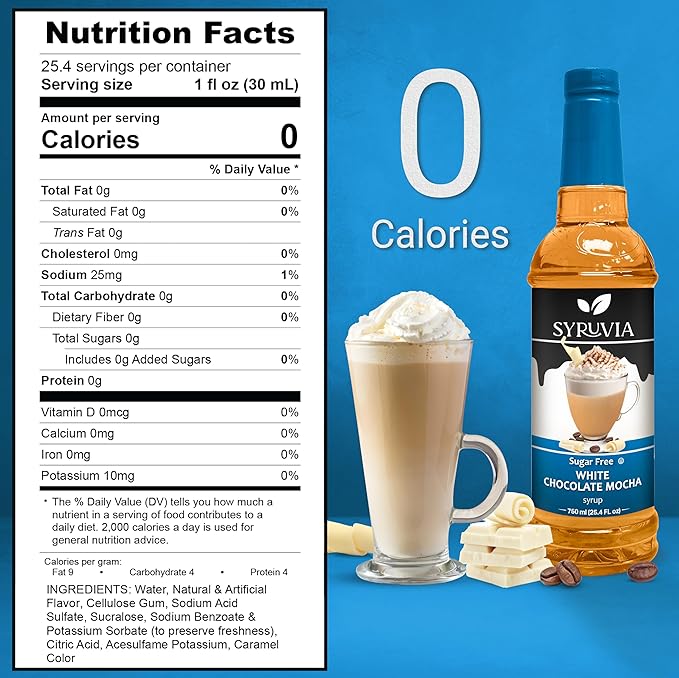 Syruvia Sugar Free Coffee Syrup, White Chocolate Mocha Flavored Syrup for Drinks, Lattes, and Desserts – 25.4 fl oz