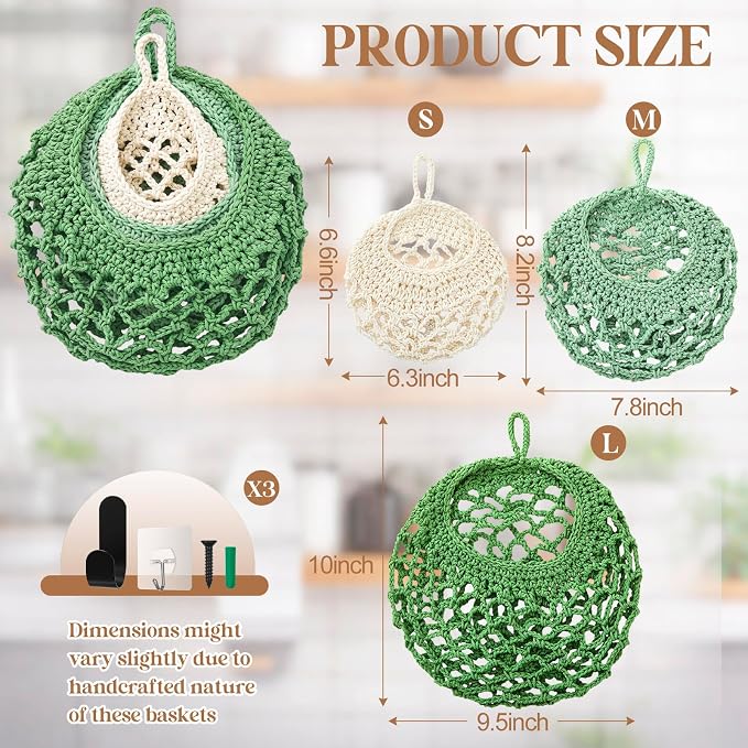 Honeydak Boho Decor Hanging Wall Baskets for Kitchen 3 Pack Teardrop Baskets with Hooks Storage Fruit Onion Vegetable Potato for Home 3 Sizes(Spring Color,Crochet,Cotton Rope) - Image 2