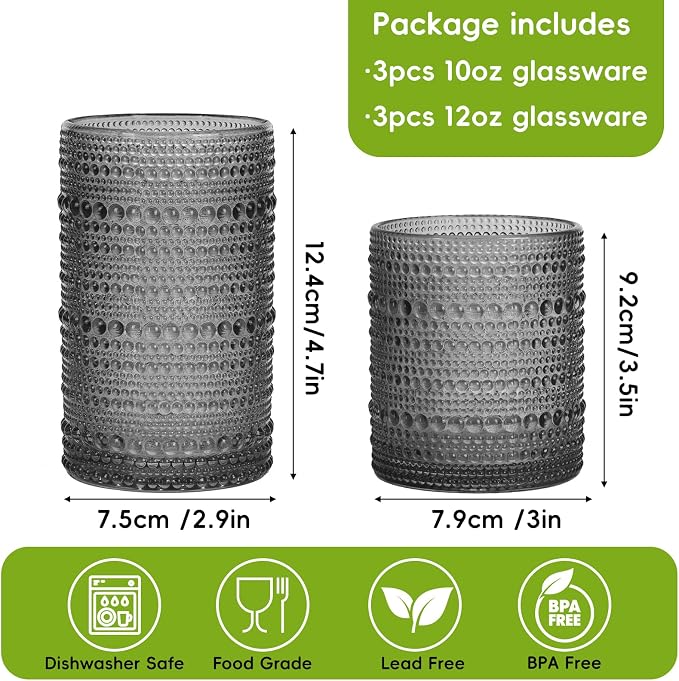 Moretoes Gray Hobnail Drinking Glasses Set of 6,Glass Cups | 12 Oz Highball Glasses & 10 Oz Cocktail Glasses, Kitchen Bar Tumbler Glassware Set for Whiskey, Beer, Juice, Milk - Image 3
