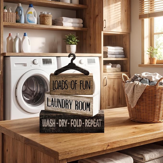 Moucuny 4 Pcs Farmhouse Laundry Room Decor and Accessories Stacked Blocks Loads of Fun Wash Dry Fold Repeat Wooden Signs Set with Vintage Hanger - Rustic Sign for Home Bathroom Shelf Housewarming Gift - Image 6