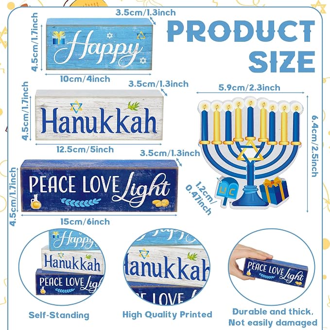 Moucuny 4 Pcs Hanukkah Decorations for Home Chanukah Table Decor Wooden Menorah Decoration Hanukkah Centerpiece Rustic Decorative Menorah Block Signs Gift Farmhouse Jewish New Year Decoration for Home - Image 2