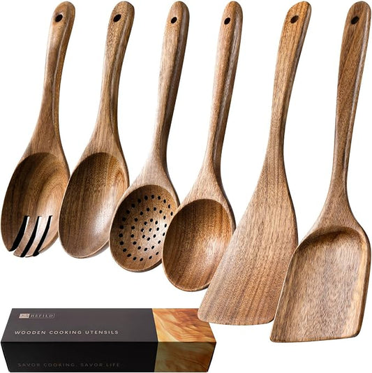 Wooden Spoons for Cooking, 6-Piece Acacia Wood Cooking Utensil Set | Spoons and spatulas stir, mix, flip and serve; balanced handles offer control while staying gentle on nonstick cookware. by HEFILD