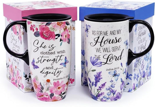 Topadorn Christian Mug Gift Set of 2, 17oz Ceramic Travel Mug | Proverbs 31:25 & Joshua 24:15 Bible Verse Coffee Cups, Gift Boxes Included by Topadorn