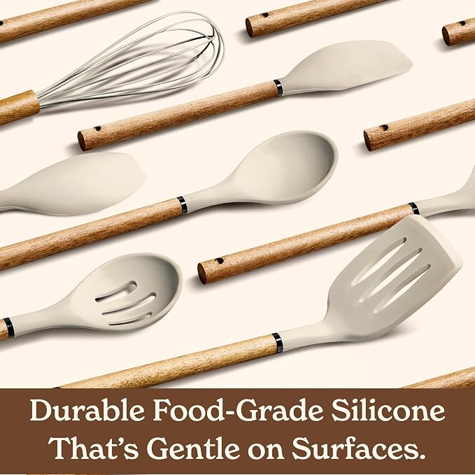 Country Kitchen Non Stick Silicone Utensil Set with Rounded Wood Handles for Cooking and Baking, 8 Piece Set, Khaki - Image 4