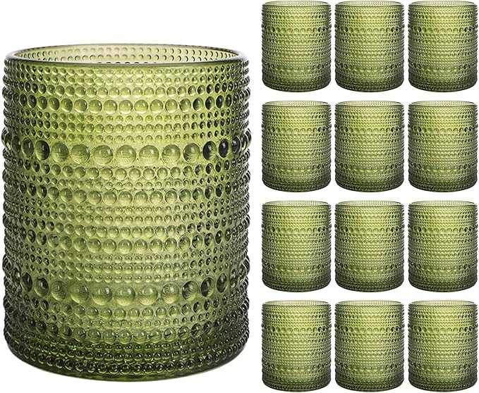Moretoes 12 Pack 10 Oz Green Vintage Hobnail Drinking Glasses Set | Cocktail Glasses Vintage Glassware, Textured Glass Cups Bubble Glasses Water Glasses Old Fashion Jupiter Glasses Set by Moretoes