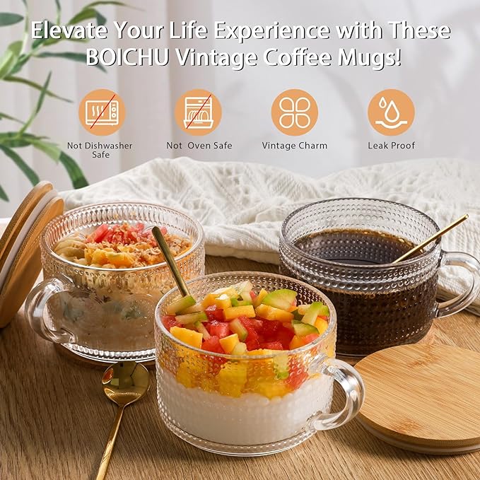 Vintage Coffee Mugs Glassware Set of 4-14oz Leak Proof Overnight Oats Containers with Lids and Spoons, Hobnail Glass Cups with Bamboo Lids, Ideal Coffee Bar Accessories Perfect for Drinks, Tea