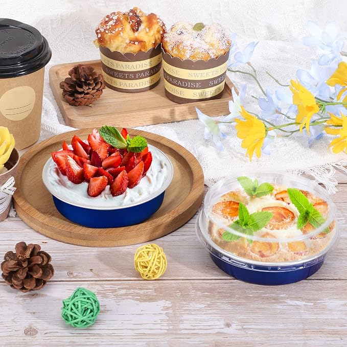 Beasea Mini Tart Pan 50 Pack with Lids, 4 Inch 8oz Jewelry Blue Disposable Aluminum Baking Foil Tins Small Round Container for Individual Dessert Cupcake Muffin Cheesecake Ramekins Quiche Oven Dishes - Image 4