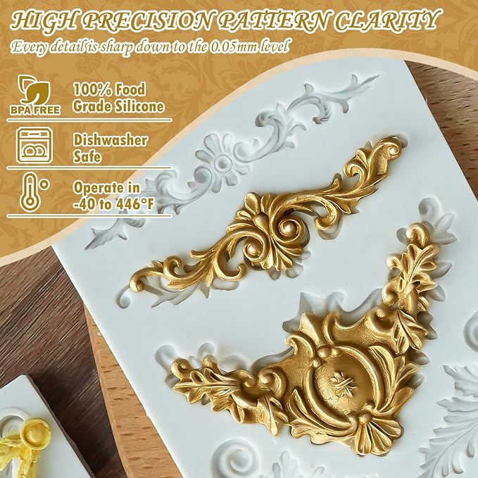 HKNMTT Baroque Style Silicone Molds Curlicues Scroll 3D Border for Clay Fondant Chocolate Sugar Craft Decor, Vintage Wedding Birthday Cake Cupcake Topper Decoration - Image 4
