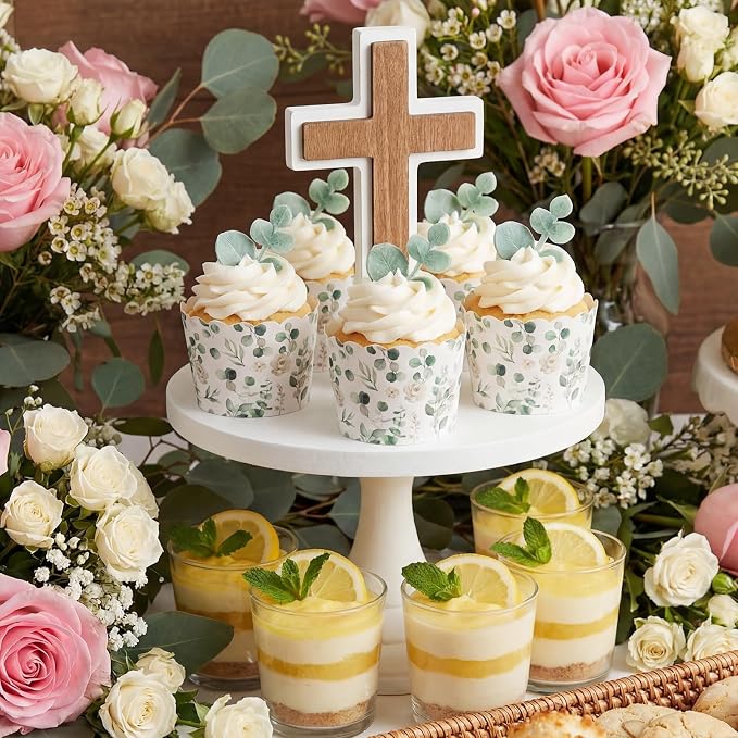 Qinyoung 150 Pcs Green Eucalyptus Leaf Paper Baking Cups Greaseproof Disposable Cottagecore Cupcake Liner Greenery Cupcake Muffin Case for Spring Summer Wedding Bridal Baby Shower Birthday Party Decor - Image 5