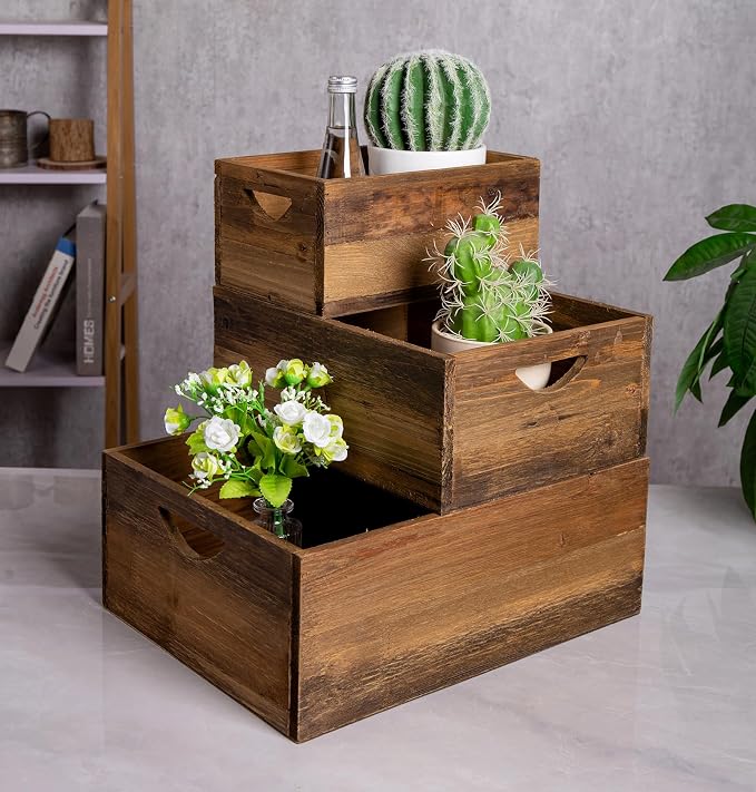 TIMRIS Set of 3 Rustic Distressed Wood Nesting Crates, Farmhouse Decorative Wooden Storage Boxes, Vintage Reclaimed Wood Baskets for Display (Natural) - Image 2