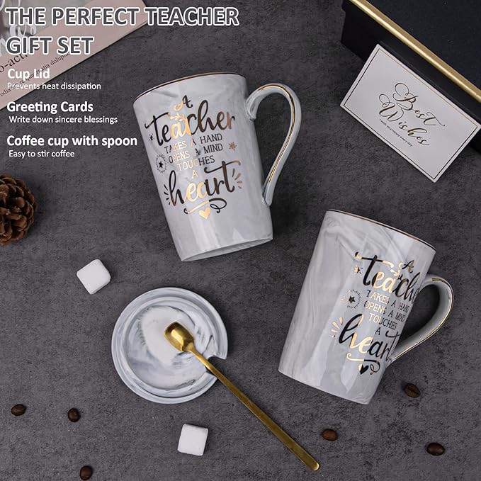 Best Teacher Appreciation Gift for Women Men, 14oz Grey Mug with Gold Print | A Teacher Takes A Hand Opens A Mind Touches A Heart - Funny Valentines Graduation Retirement Gifts, with Card, Nice Gift Box - Image 4