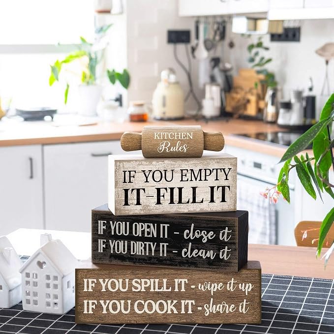 Moucuny 4 Pcs Rustic Wooden Table Decor Farmhouse Kitchen Rules Wood Sign Black Brown and White Centerpiece Rolling Pin Block Sign for Home Living Room Dining Room Shelf Table Decor - Image 3