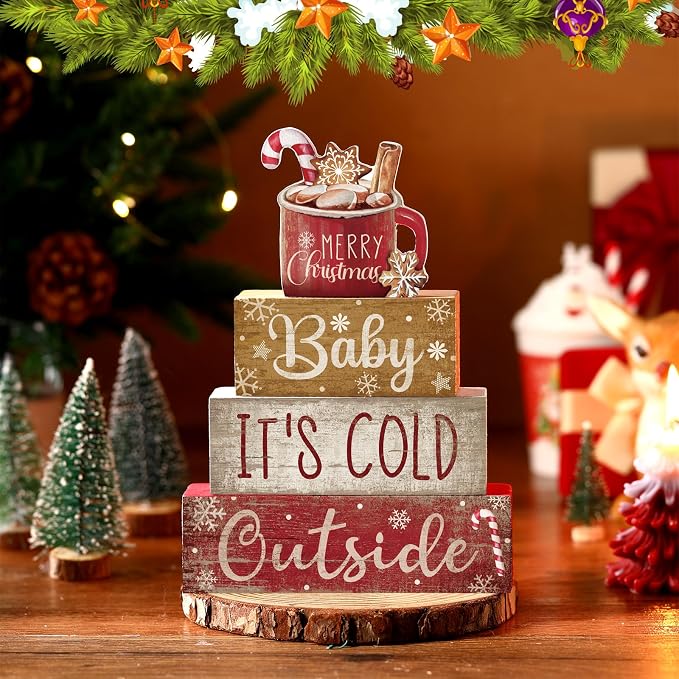 Moucuny 4 Pcs Christmas Table Decor Wooden Hot Cocoa Decoration Christmas Centerpiece Winter Tiered Tray Decor Decorative Red Hot Cocoa Block Signs Gift Farmhouse Xmas Decoration for Home Kitchen - Image 3
