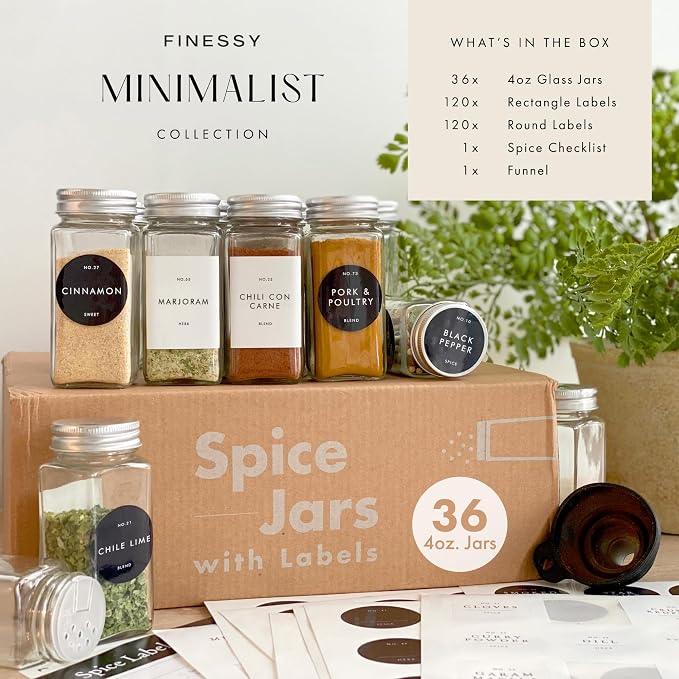 FINESSY Minimalist Spice Jars with Labels, Airtight Metal Lids 4oz 36 Pack | Empty Spice Jars With Sift / Pour Shaker Inserts, Airtight Lids, Waterproof Labels (200 Pre-Printed, 40 Blank) And Funnel - Image 3