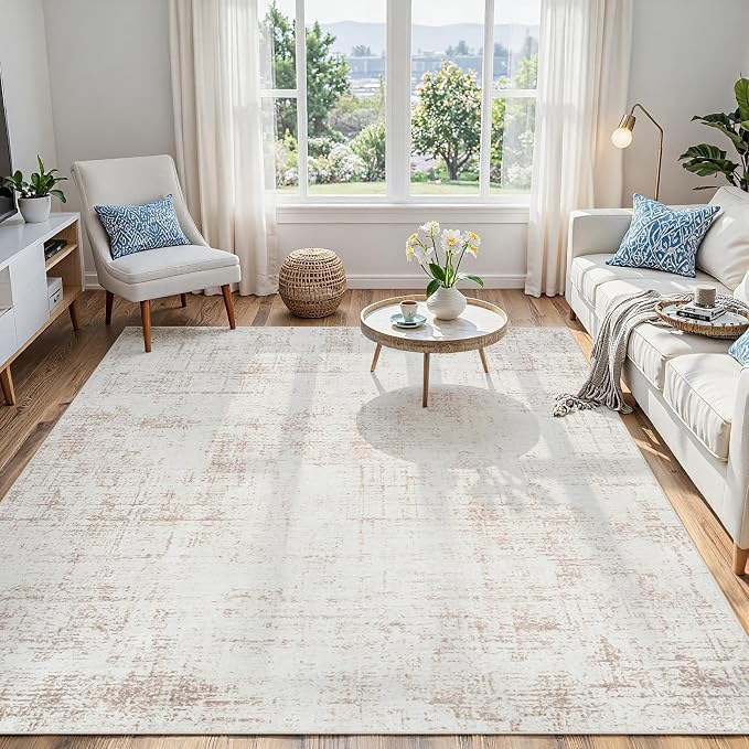 4x6 Washable Area Rug for Living Room Bedroom: Non-Slip Modern Beige White | Machine Washable TPR Backing, Stain-Resistant Low Pile, Pet & Kid Friendly, Abstract Decor for Dining Room, Dorm, Home Office by Oriannal