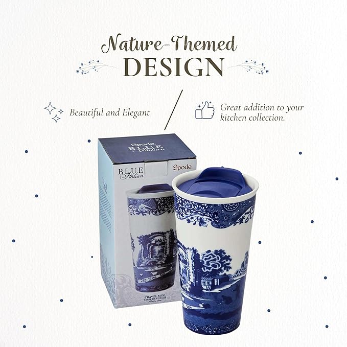 Spode Blue Italian Travel Mug | 12-Ounce Capacity | Made of Porcelain | Travel Tumbler for Coffee and Tea | Hot Water Cup | Dishwasher and Microwave Safe - Image 3
