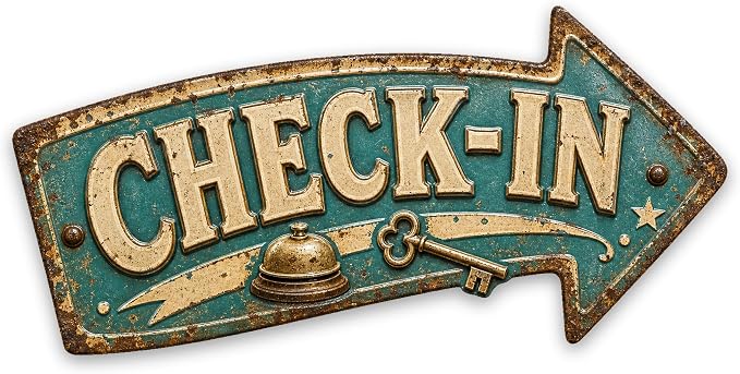 Check-In Right-Pointing Arrow Sign — Die-Cut Metal Directional Wall Decor | powder-coated metal, vintage, durable print, ready to hang by MRC+Wood+Products