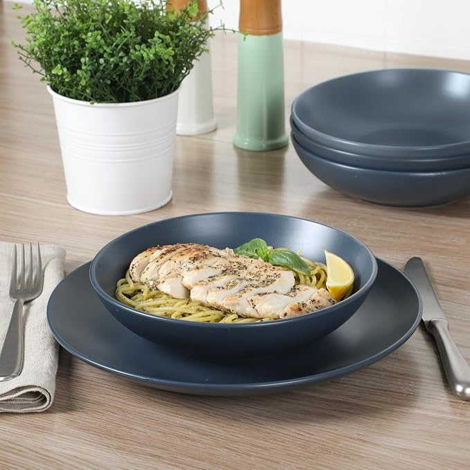 Gibson Home Queenslane 16-Piece Matte Blue Stoneware Dinnerware Set – Double Bowl Plates and Bowls, Durable Kitchen Dinner Set - Image 5