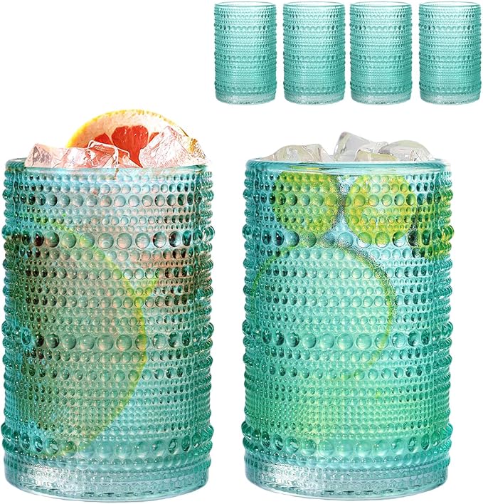 Set of 4 Hobnail Drinking Glasses, 15oz, Vintage Jupiter Drinking Glasses,Embossed Old Fsahioned Glassware for Beer,Water,Juice,Cocktail,Whiskey,Gift (Pool Blue, Large) by WeirdUncle