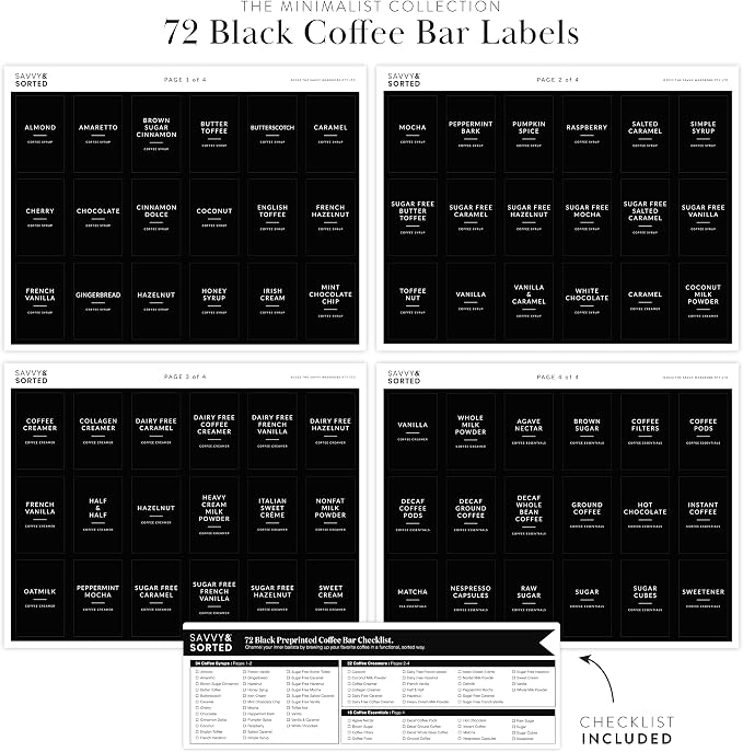 Black Coffee Bar Essentials Labels, 72 Preprinted Coffee Syrup Station Organizer Stickers, Accessories and Gifts for Coffee Lovers - Image 4