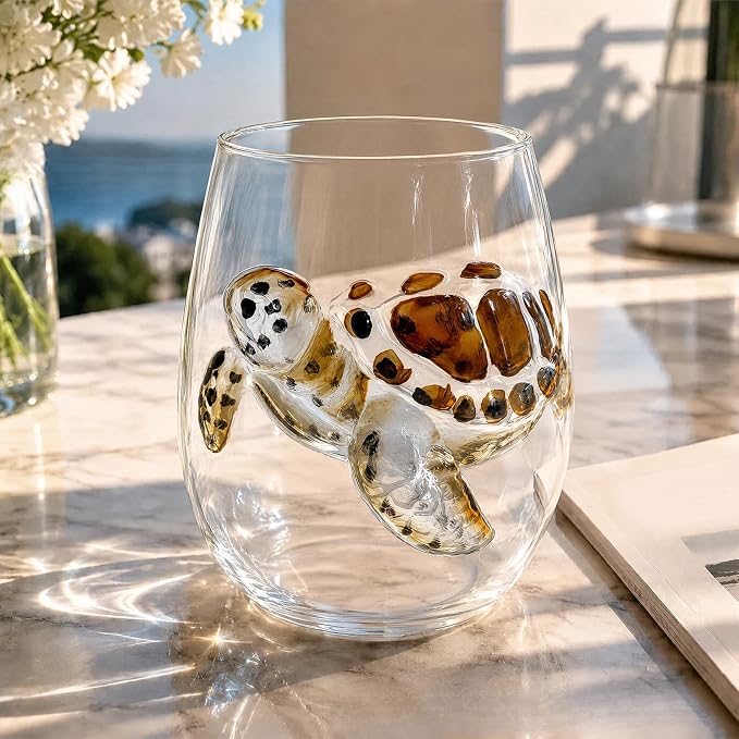Ocean Themed Sea Turtle Hand-Blown Coastal Glassware | Ocean-Themed Octopus Glassware Hand Blown Coastal Stemless Wine Glasses Unique Coastal Decor Gift for Ocean Lovers - Image 4