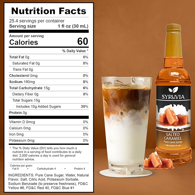 Syruvia 4 Pack Salted Caramel Syrup for Coffee – Sweet & Salty Salted Caramel Coffee Syrup, 25.4 fl oz, Kosher, Gluten Free, Perfect for Coffee Syrup Salted Caramel, Drinks, Desserts,