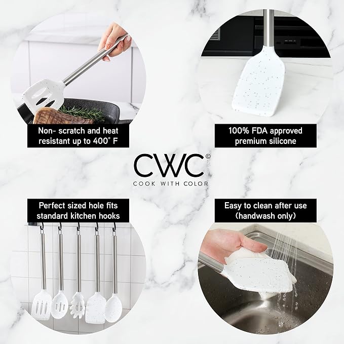 COOK WITH COLOR Silicone Cooking Utensils, Kitchen Utensil Set, Easy to Clean Silicone Kitchen Utensils, Cooking Utensils for Nonstick Cookware, Kitchen Gadgets Set, 5 Pieces, Speckled White - Image 4