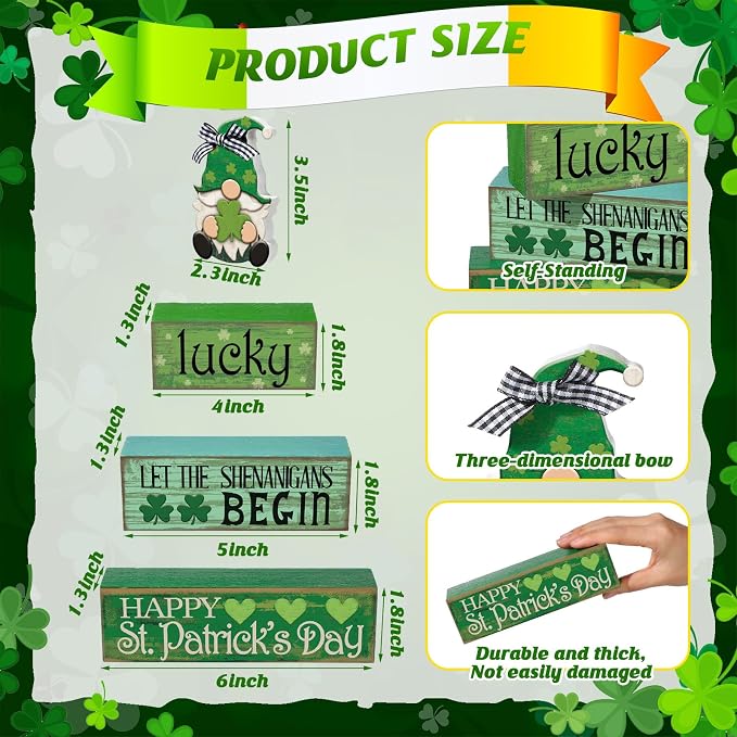 Moucuny 4 Pcs St. Patrick's Day Table Decoration Irish Tiered Tray Decor Wooden Gnome Shamrocks Block Signs Happy St. Patrick's Day Centerpiece for Tables Irish Wooden Sign for Home Decor - Image 3