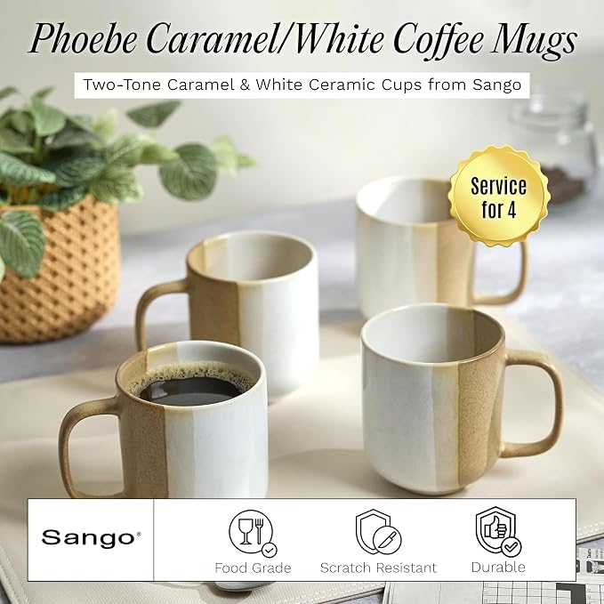 SANGO Phoebe Caramel/White Coffee Mugs Set of 4, 15 oz Stoneware Coffee Mug Set, Big Glossy Ceramic Tea Cup for Cappuccino, Latte, Cocoa, Large Coffee Cups with Handle, Microwave & Dishwasher Safe - Image 2