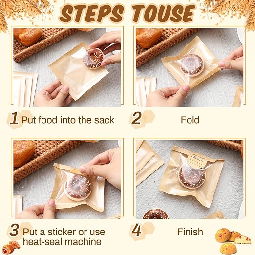 Outus 100 Pcs Cookie Packaging Bags with Seal, 3 x 3 Inch Bakery Pastry Bags with Window, Heat Sealable Grease Resistant Paper to Go Bake Sleeves for Gift Giving Donut Bread Sandwich (Brown) - Image 4