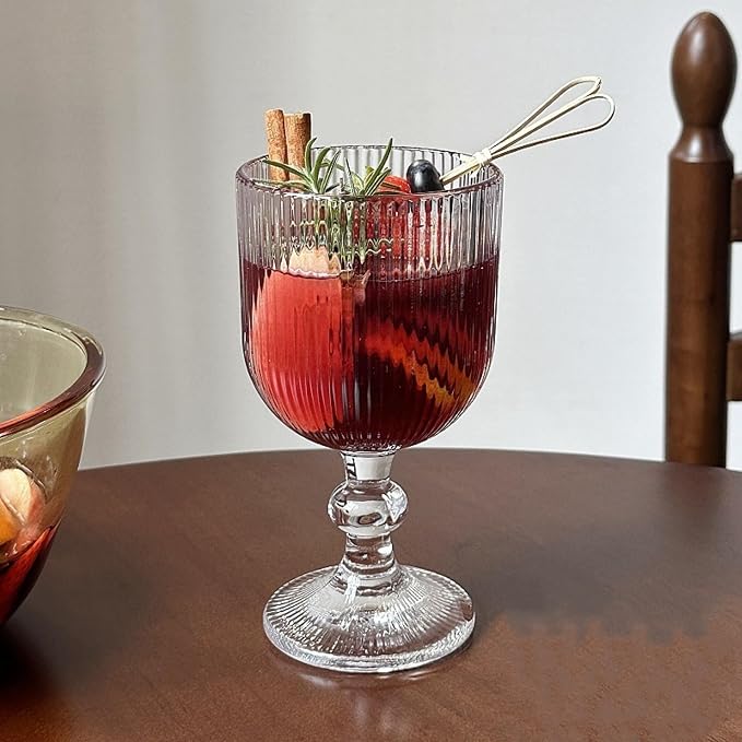 Vintage Wine Glasses Set of 6, 11 Ounces Colored Glass Water Goblets, Unique Embossed Pattern High Clear Stemmed Glassware Wedding Party Bar Glass Drinking Cups Fancy Glasses Vertical Line Clear - Image 3